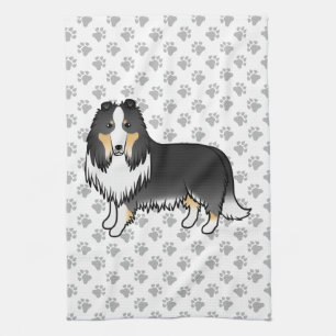 Tricolor Rough Collie Cute Cartoon Dog & Paws Kitchen Towel