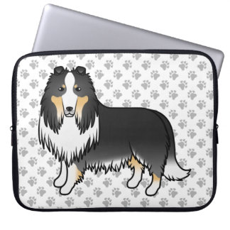 Tricolor Rough Collie Cute Cartoon Dog &amp; Paws Laptop Sleeve