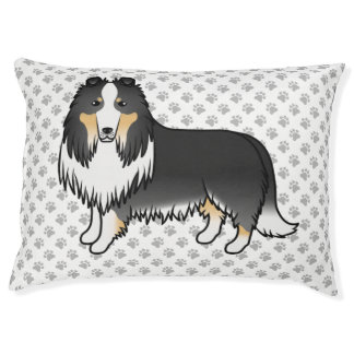 Tricolor Rough Collie Cute Cartoon Dog &amp; Paws Pet Bed