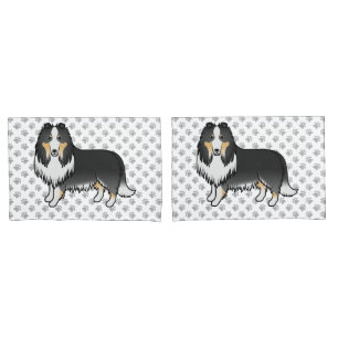 Tricolor Rough Collie Cute Cartoon Dog & Paws Pillow Case