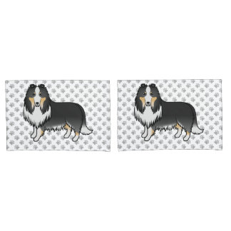 Tricolor Rough Collie Cute Cartoon Dog &amp; Paws Pillow Case