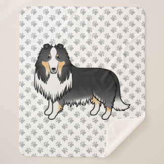Tricolor Rough Collie Cute Cartoon Dog &amp; Paws Sherpa Blanket