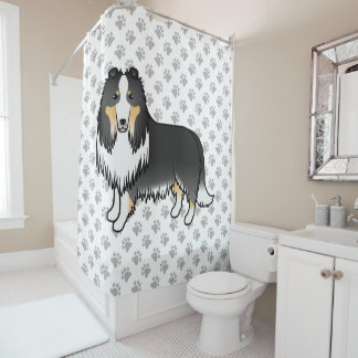 Tricolor Rough Collie Cute Cartoon Dog &amp; Paws Shower Curtain