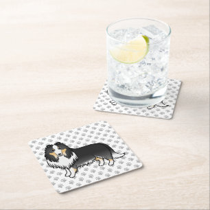 Tricolor Rough Collie Cute Cartoon Dog & Paws Square Paper Coaster