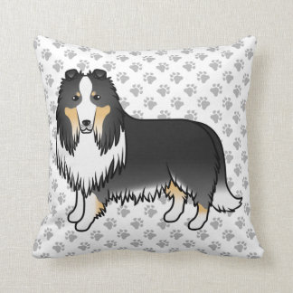 Tricolor Rough Collie Cute Cartoon Dog &amp; Paws Throw Pillow