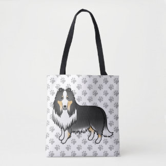 Tricolor Rough Collie Cute Cartoon Dog &amp; Paws Tote Bag