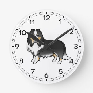 Tricolor Rough Collie Cute Cartoon Dog Round Clock