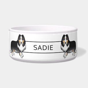 Tricolor Rough Collie Cute Cartoon Dogs & Name Bowl
