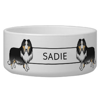 Tricolor Rough Collie Cute Cartoon Dogs &amp; Name Bowl