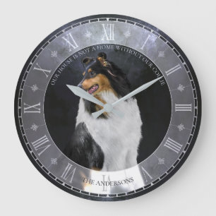 Tricolor Rough Collie Dog on Black, Roman Dial - Large Clock