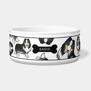 Tricolor Rough Collie Dogs Pattern & Name Bowl