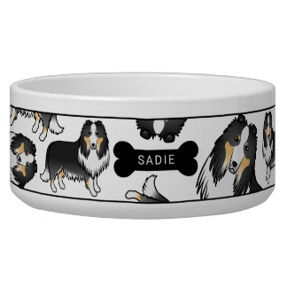 Tricolor Rough Collie Dogs Pattern &amp; Name Bowl