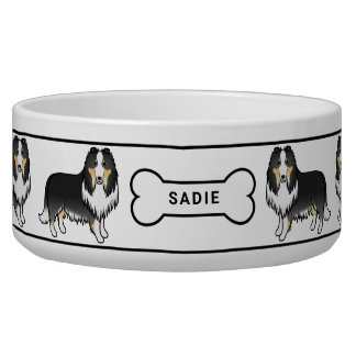 Tricolor Rough Collie Dogs With Bone &amp; Name Bowl