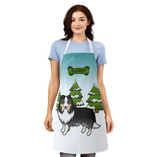 Tricolor Sheltie Cartoon Dog In Winter &amp; Name Apron