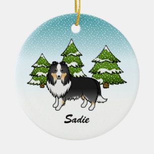 Tricolor Sheltie Cartoon Dog In Winter & Name Ceramic Ornament