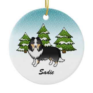 Tricolor Sheltie Cartoon Dog In Winter &amp; Name Ceramic Ornament