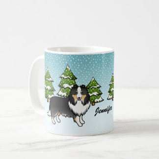 Tricolor Sheltie Cartoon Dog In Winter &amp; Name Coffee Mug