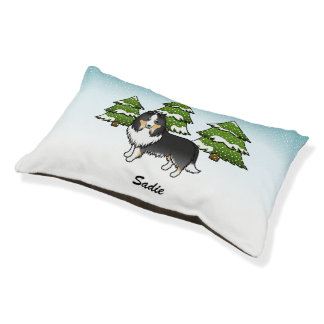 Tricolor Sheltie Cartoon Dog In Winter &amp; Name Pet Bed