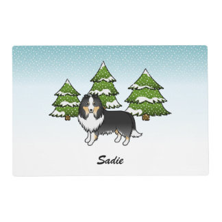 Tricolor Sheltie Cartoon Dog In Winter &amp; Name Placemat