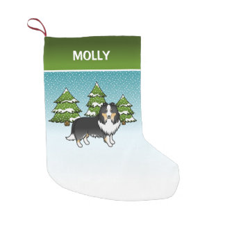 Tricolor Sheltie Cartoon Dog In Winter &amp; Name Small Christmas Stocking