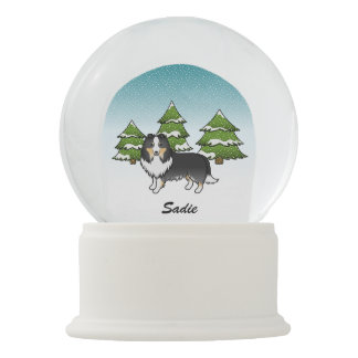Tricolor Sheltie Cartoon Dog In Winter &amp; Name Snow Globe