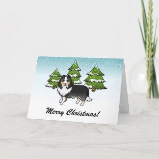 Tricolor Sheltie Cartoon Dog In Winter &amp; Text Card