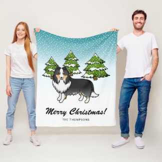 Tricolor Sheltie Cartoon Dog In Winter &amp; Text Fleece Blanket