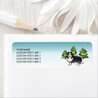 Tricolor Sheltie Cartoon Dog In Winter &amp; Text Label