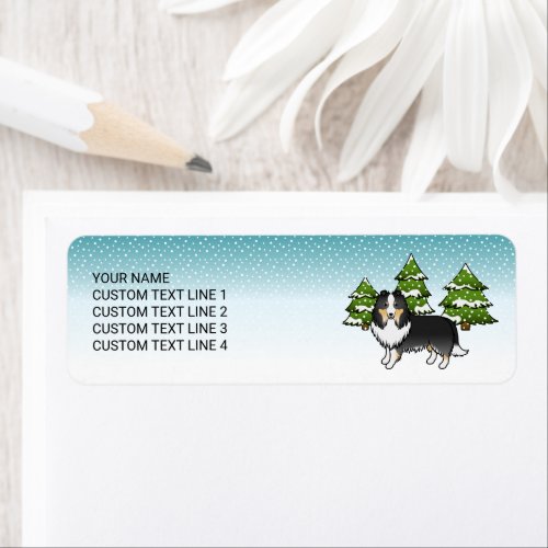Tricolor Sheltie Cartoon Dog In Winter  Text Label
