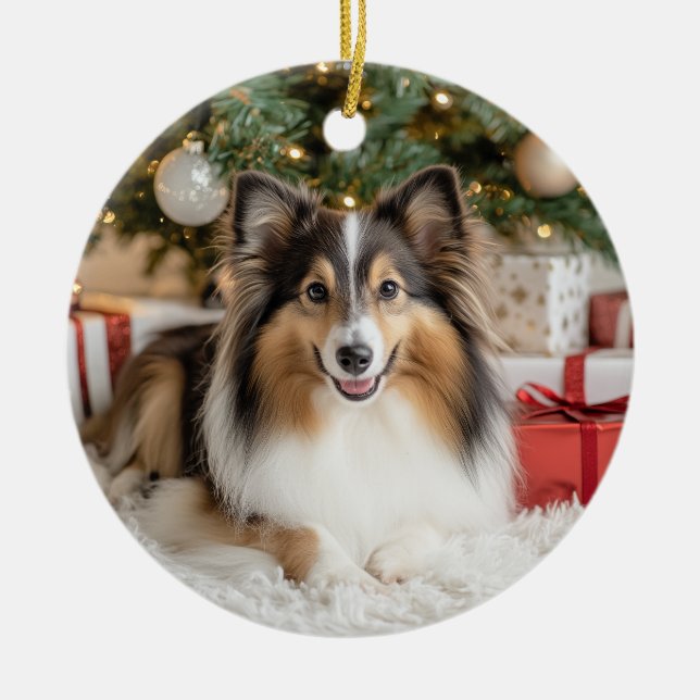Tricolor Sheltie Christmas Ceramic Ornament (Front)