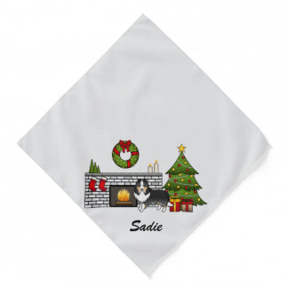 Tricolor Sheltie Dog In A Christmas Room &amp; Name Bandana
