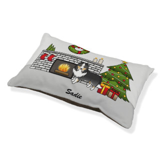 Tricolor Sheltie Dog In A Christmas Room &amp; Name Pet Bed