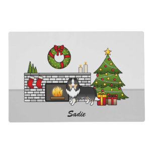 Tricolor Sheltie Dog In A Christmas Room & Name Placemat
