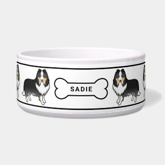 Tricolor Sheltie Dogs With Bone &amp; Name Bowl