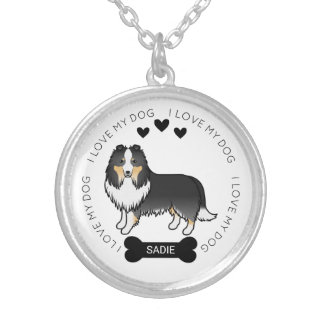 Tricolor Shetland Sheepdog Cartoon Dog Love &amp; Name Silver Plated Necklace