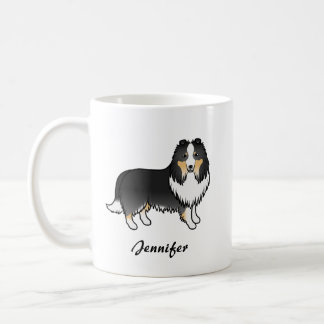 Tricolor Shetland Sheepdog Cartoon Dog &amp; Name Coffee Mug