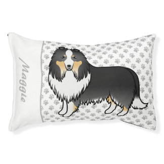 Tricolor Shetland Sheepdog Cartoon Dog &amp; Name Pet Bed