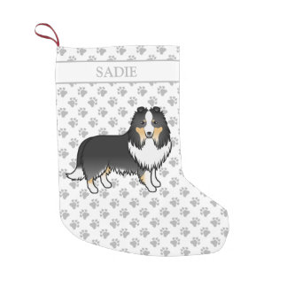 Tricolor Shetland Sheepdog Cartoon Dog &amp; Name Small Christmas Stocking