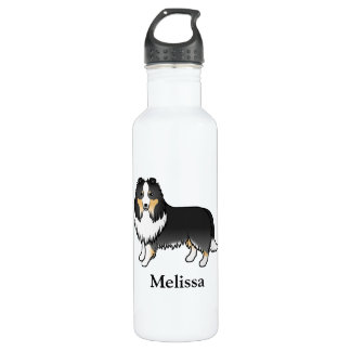 Tricolor Shetland Sheepdog Cartoon Dog &amp; Name Stainless Steel Water Bottle