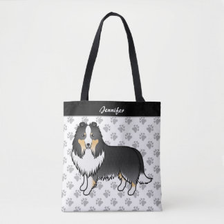 Tricolor Shetland Sheepdog Cartoon Dog &amp; Name Tote Bag