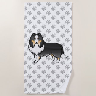 Tricolor Shetland Sheepdog Cartoon Dog &amp; Paws Beach Towel