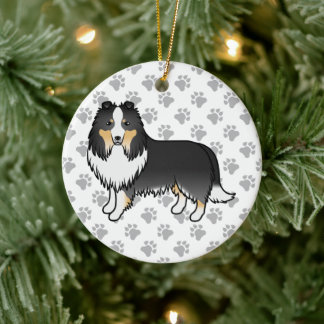 Tricolor Shetland Sheepdog Cartoon Dog &amp; Paws Ceramic Ornament