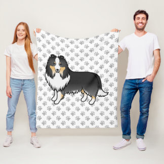 Tricolor Shetland Sheepdog Cartoon Dog &amp; Paws Fleece Blanket