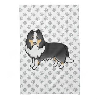 Tricolor Shetland Sheepdog Cartoon Dog &amp; Paws Kitchen Towel