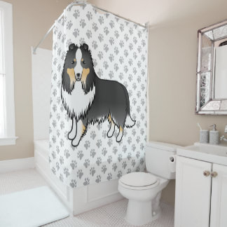 Tricolor Shetland Sheepdog Cartoon Dog &amp; Paws Shower Curtain