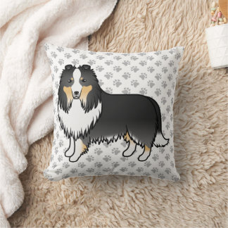 Tricolor Shetland Sheepdog Cartoon Dog &amp; Paws Throw Pillow