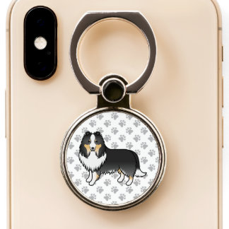 Tricolor Shetland Sheepdog Cartoon Dog With Paws Phone Ring Stand