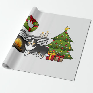 Tricolor Shetland Sheepdog Dog In A Christmas Room Wrapping Paper