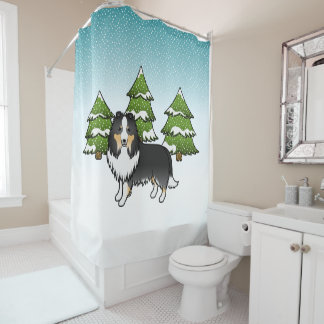 Tricolor Shetland Sheepdog In A Winter Forest Shower Curtain