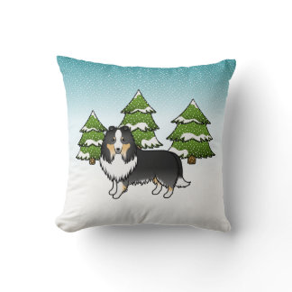 Tricolor Shetland Sheepdog In A Winter Forest Throw Pillow